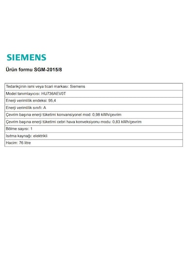 Siemens HU736AEV0T 76 LT Buhar Destekli Ankastre Fırın