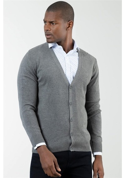 Tudors Erkek Slim Fit Düğmeli Düz Pamuklu Gri Hırka-18858 Gri