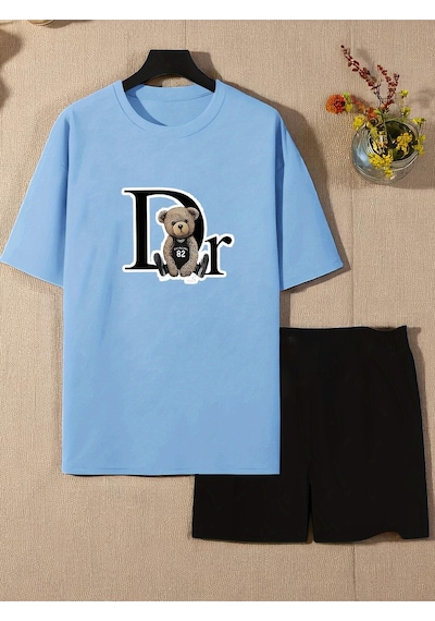 Uyguntarz Unisex Dr. Ayı Tasarım Basklı Tshirt Şort Takımı Bebe Mavi