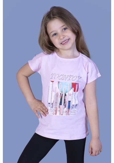 Toontoy Kids Toontoy Kız Çocuk Dijital Baskılı Taş İşlemeli Tişört Pembe