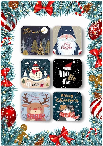 Mutlu Yıllar - Yılbaşı - Yeni Yıl - Merry Christmas Temalı Ahşap Bardak Altlığı Seti 6 Adet-0a001 Ahşap