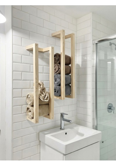 Nest Woodtr Doğal Masif Ham Ahşap Havluluk Dekoratif Banyo Rafı - Banyo Havlu Düzenleyici 60x20cm 1 Adet