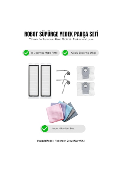 Roborock Qrevo Curv 5a1 İle Uyumlu 2 Yan Fırça 2 Filtre 2 Toz Torbası 1 Temizlik Bezi 13.0
