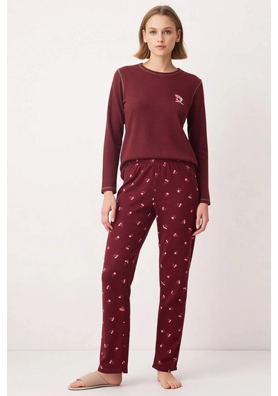 Benerly Kadın Uzun Kollu Kayık Yaka Regular Kalıp Waffle Örme Pijama Takı bordo
