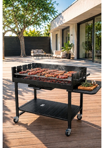 Pro Lüks Dev Kömürlü Mangal Barbekü Arabası Hediye Koruyucu Örtü 137 X 68 X 94 Cm Siyah