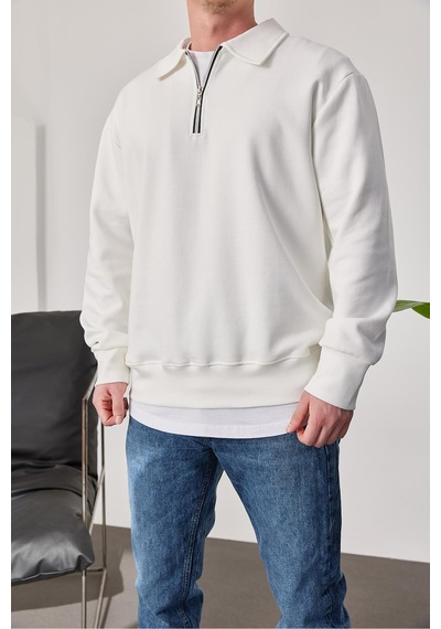 Prtnc Protonic Erkek Polo Yaka Oversize Beyaz Sweatshirt Yarım Fermuar Sweatshirt Beyaz
