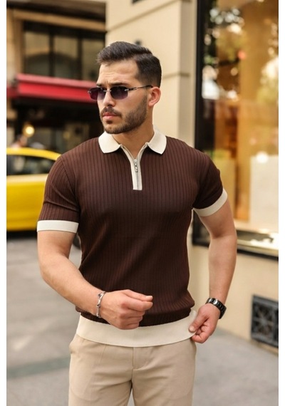 Efnaz Style Erkek Yaka Ve Kol Detaylı Fermuar Yakalı Çizgi Desen Kısa Kollu Triko Tişört Kahverengi