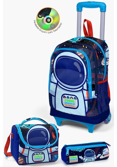 Coral High Kids Saks Mavi Astronot Desenli Çekçekli 3'lü Çanta Seti Set0123924