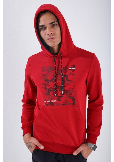 Tommy Life Kırmızı Kamuflaj Desen Baskılı Standart Kalıp Kapüşonlu Erkek Sweatshirt - 87884 Kırmızı
