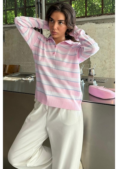 Madmext Pembe Çizgili Polo Yaka Düğmeli Kadın Kazak Mg2561 Pembe