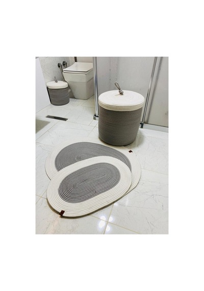 Jüt,hasır, 3 Lü Banyo Paspas Takımı, Bohem Tarzı Banyo Takımı,iskandinav Paspas/sepet Gri Krem Gri Krem