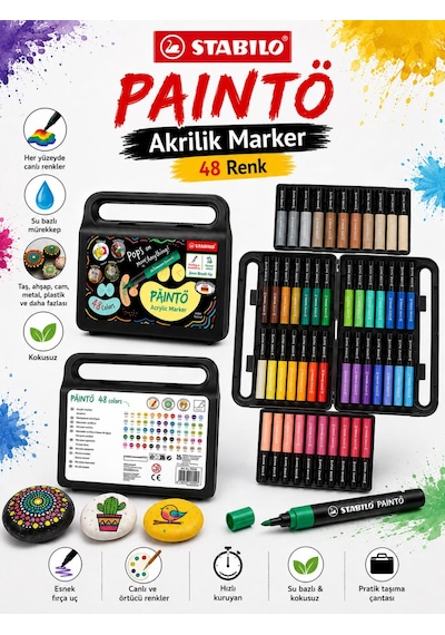Stabilo 791/48 Paınto 48 Renk Akrilik Marker Seti Su Bazlı Çok Yüzeyli Boya Kalemi Çantalı Çok Renkli