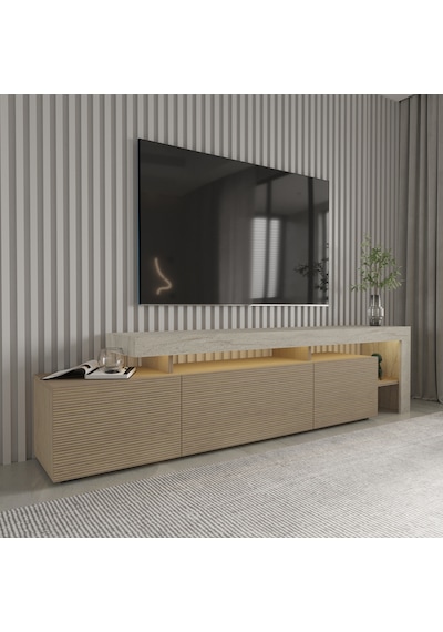 Beliz Modern Led Işıklı 3 Kapaklı, Raflı Tv Sehpası 192 Cm Traverten/sıcak Meşe