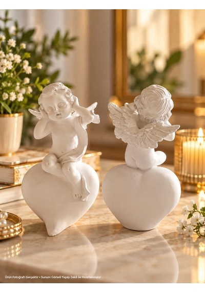 Dekoratif Melek Biblo Kalp Üzerinde Oturan Beyaz Melek Figürlü Hediyelik Süs 15x9 Cm