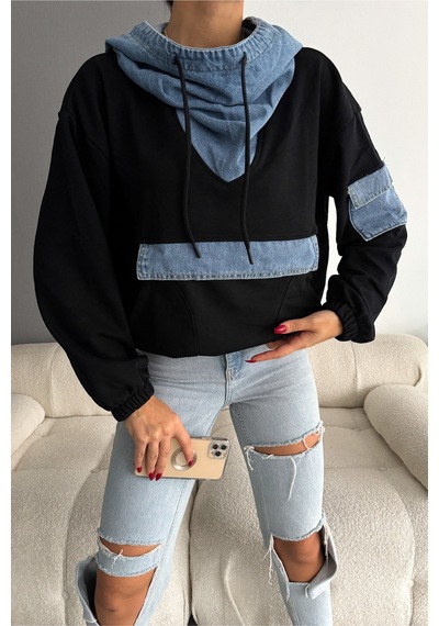 Femelle Kot Garnili Kapüşonlu Tasarım Sweatshirt siyah