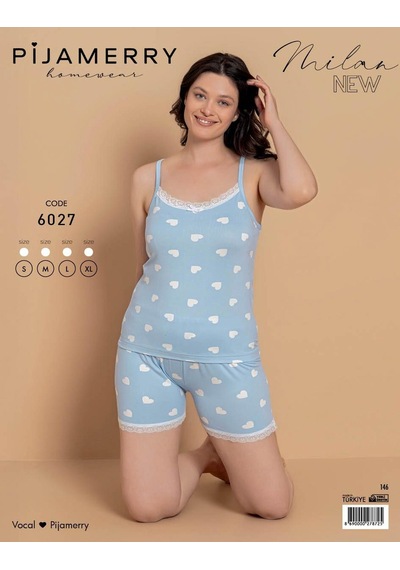 Pijamerry Kadın İp Askılı Milan Kumaş Likralı Şortlu Pijama Takımı 6027 - 1 Adet Mavi