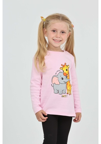 Toontoy Kız Çocuk Zürafa Fil Baskılı Sweatshirt Pembe