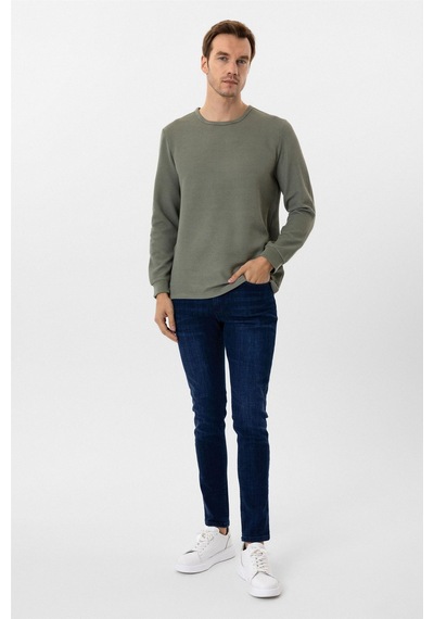 Süvari Yeşil Slim Fit Armürlü Bisiklet Yaka Triko Kazak