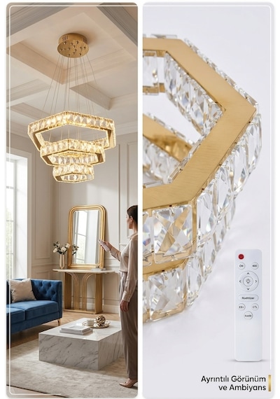 Alalighting Gold 3 Katlı Altıgen Ledli Kristal Taşlı Lüks Avize Altın - Gold