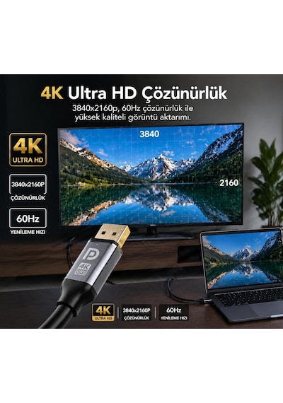 3 Metre Displayport 1.2 Premium 4k Uhd Kablo - 21.6gbps Hız, 4k 60hz, 2k 165hz, 1080p, Ultra Hd, Displayport 1.2 Uyumlu Diğer