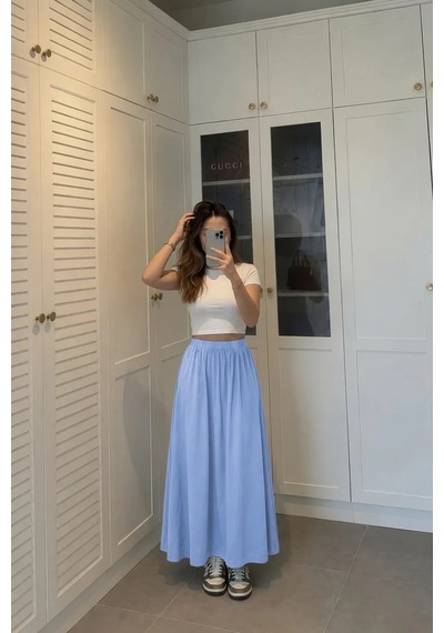 Kadın Mavi Poplin Kumaş Uzun Etek Beli Lastikli Günlük Maxi Etek 90 Cm Glmd-007-mv