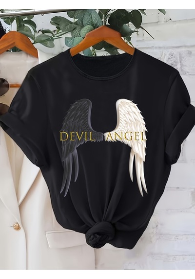 Uyguntarz Unisex Devil Angel Baskılı Tasarım Tshirt Siyah