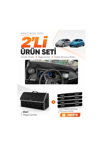 Renault Zoe 2012-2024 Uyumlu Torpido Örtüsü + Deri Bagaj Çantası + Sticker Seti - Siyah Gri
