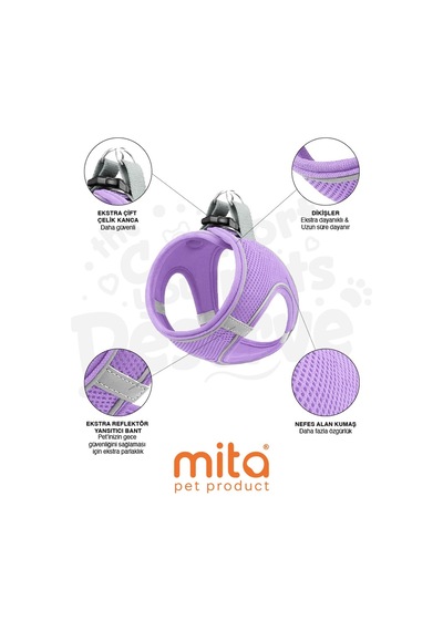 Mita Air Mesh Kedi Köpek Göğüs Tasması Çift Reflektörlü, Terletmeyen Lila