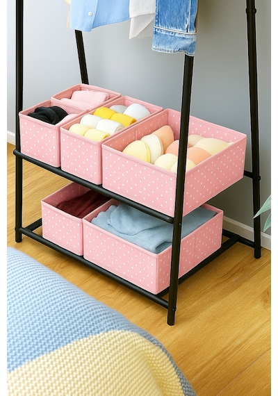 6'lı Pembe Desenli - Çekmece İçi Düzenleyici Organizer Set - Çok Amaçlı Dolap İçi Kutu Seti Kumaş 28 Diğer