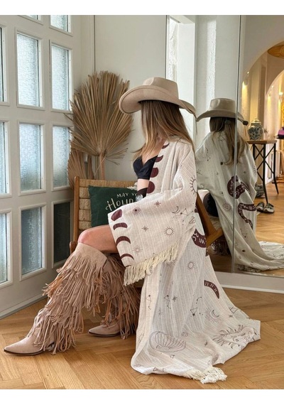 Dıe&more Trend Minimal Desenli Oversize Kimono Bej