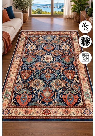 Vintage Kilim Desen Salon Oturma Odası Antre Halısı Baskılı Kaymaz Yıkanabilir Yolluk Çok Renkli