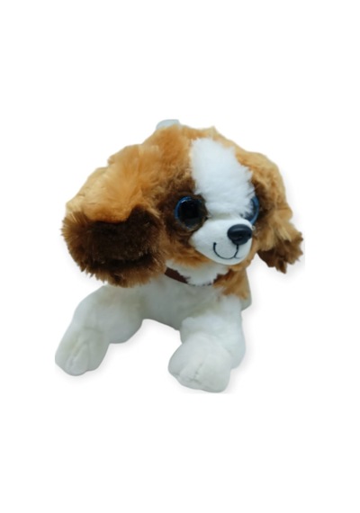 Sesli Peluş Yatan Köpek 25 Cm - Kahve Beyaz Çok Renkli