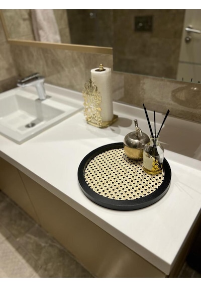 Rattan Hazeran Yuvarlak Tepsi Siyah %100 Doğal Hazeran M021
