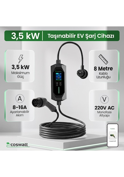 Coswatt Taşınabilir EV Şarj Cihazı CS-P1-16A / 3.5kW / 8m / Türkçe / 220V AC / Tip-2 / 2x16A Ev Tipi Fiş / Çanta