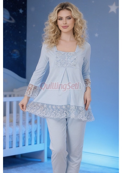 Quilling Bebe Mavi Renkli Dantel Detaylı, 33203, 2 Parça Lohusa Hamile Pijama Takımı Açık Mavi