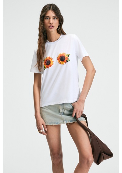 ETHIQUET KARIVA Kadın Bisiklet Yaka Kısa Kollu Ön Baskı Detaylı Regular Fit Beyaz / Desenli T-Shirt