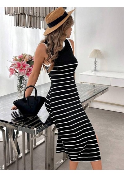Efnaz Style Kadın Askılı Yuvarlak Yaka Şerit Detaylı Yırtmaçlı Midi Triko Elbise Siyah