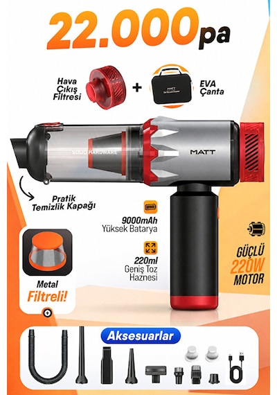 Tastech Matt Mcv22 Şarjlı Araç Süpürgesi Kırmızı 22.000pa Güçlü Vakumlu Mini El Süpürgesi Type-c Şarjlı 220w 0 - 250 Watt Tastech Matt Mcv22 Şarjlı Araç Süpürgesi Kırmızı 22.000pa Güçlü Vakumlu Mini El Süpürgesi Type-c Şarjlı 220w 0 - 250 Watt