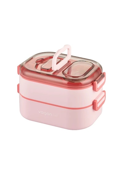 Vagonlife İki Kat Üç Bölme Paslanmaz Çelik Bento Lunch Box Yeni Nesil Sefer Tası Sos Kaseli Pembe 1000 ML Pembe