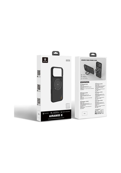 Apple Uyumlu iPhone 17 Pro Max  Kılıf M-safe Şarj Özellikli Metal Standlı Lenyes Ck225 Kevlar Kapak Siyah Siyah