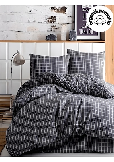 Lotus Home Minikaro Çarşafsız Pamuklu Tek Kişilik Nevresim Seti Füme