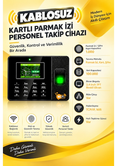 Kablosuz Kartlı Parmak İzi Personel Giriş Çıkış  Ve Yazılımı 20 Kart Dahil