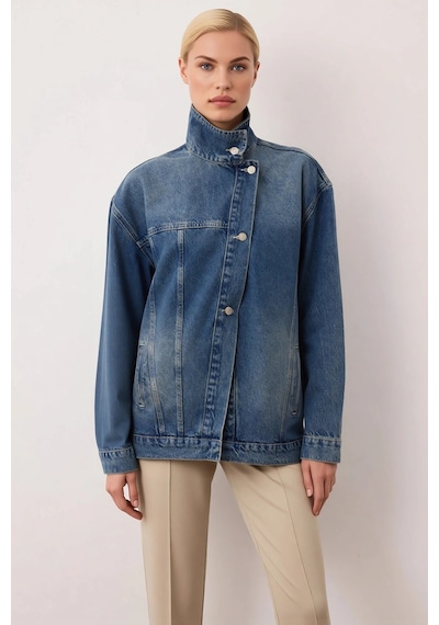Benerly Kadın %100 Pamuk Dik Yaka Düşük Kol Denim Ceket Fonksiyonel Dayan mavi