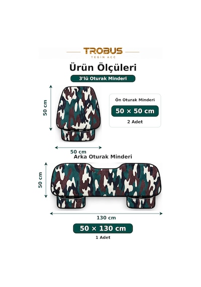 Trobus Chevrolet Captiva 2011-2014 Sıvı Geçirmez Kamuflaj 3'lü Cepli Oturak Minderi Yeşil