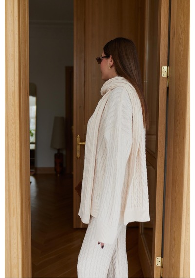 Meecy Kadın Triko Pantolon Takım Oversize Saç Örgülü Ekru Ekru