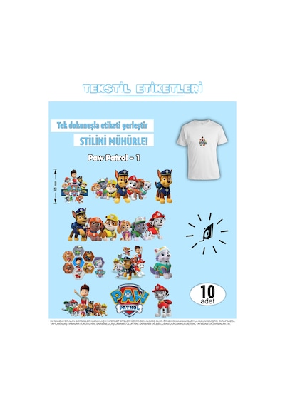 Ütü İle Yapışan Kıyafet Etiketi Paw Patrol Serisi -1 10lu Set Karışık