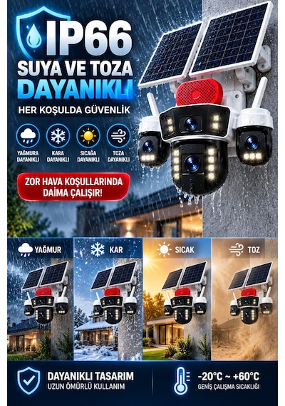4 Kameralı 4g Sım Kartlı Solar Güvenlik Kamerası Çift Güneş Panelli Ptz Gece Görüş Sirenli Ip66 Okam Pro Uygulama