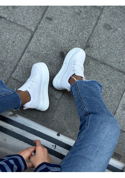 Erva'nın Butiği Beyaz Cilt Cerrely Gizli Topuk Dolgu Topuk 8 Cm Boy Uzatan Sneakers-6514