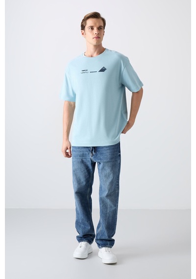 Tommy Life Açık Mavi Pamuklu Kalın Yumuşak Dokulu Oversize Fit Baskılı Erkek T-shirt - 88330 Açik Mavi