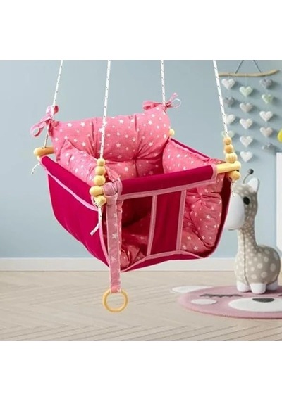 Ahşap Bebek Hamak Tavan ve Bahçe İçin Rahat Salıncak Tasarımı Pembe Renkli